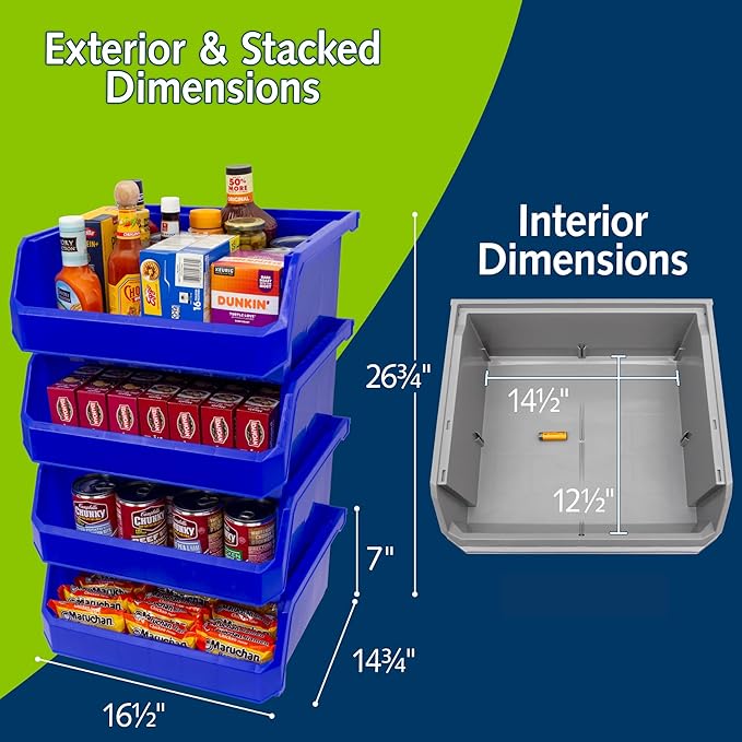 ReadySpace Plastic Containers for Organizing and Storage Bins for Closet, Kitchen, Office, Garage or Pantry Organization, Stackable Bins, Extra Large (14.8" x 16.5" x 7"), 4-Pack, Blue