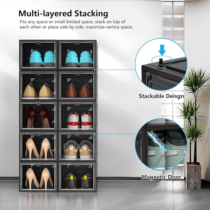 XX-Large Clear Shoe Storage Boxes with Magnetic Door, Thickened Stackable Shoe Organizer 12 Pack, Sneaker Display Case for Closet Organization & Entryway Storage, Dust-Proof Space Saving System, Black