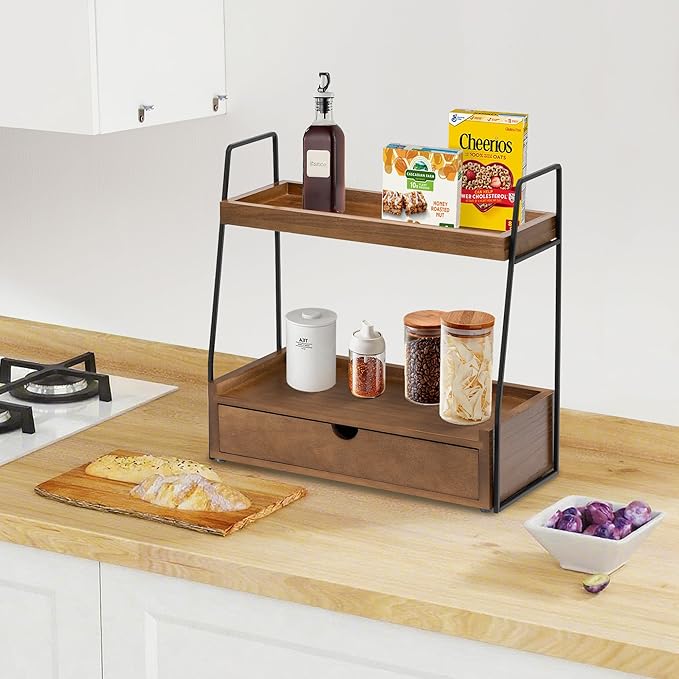 2-Tier Bathroom Organizer Countertop with Drawer, Wood Counter Organizer for Bathroom Decor, Sink Shelf for Vanity Storage, Makeup Tray for Perfume Skincare, Spice Rack Bedroom Kitchen Corner