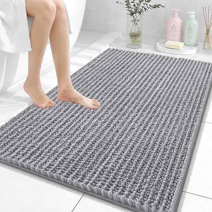 OLANLY Bathroom Rug Mat 40x32, Thick Soft and Absorbent Chenille Bath Mat, Non-Slip Rubber Backing, Machine Washable Quick Dry Bath Rugs for Tub Shower Floor, Home Decor Accessories, Grey