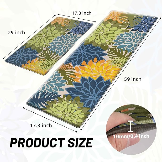 Arenarug Kitchen Mats for Floor 2 Piece Cushioned Anti Fatigue Kitchen Mats Waterproof Non Slip Kitchen Mat Rug Set Comfort Foam Standing Mat for Sink, Laundry, Office, Yellow Green