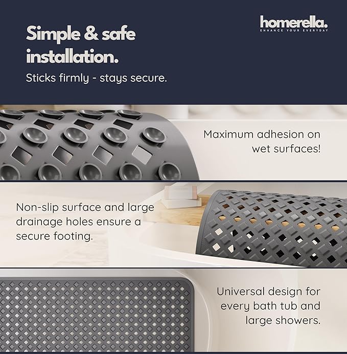 Bathtub Mat Non Slip 28x16 - homerella® Bath Mat Incl. Hooks for Drying, 100% BPA Free, Shower Mat Non Slip Anti Mold, Machine Washable, Shower Mats for Inside Shower Mildew Resistant (Dark Grey)