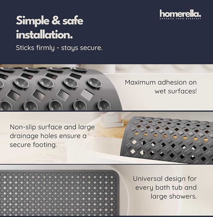 Bathtub Mat Non Slip 35x16 - homerella® Bath Mat Incl. Hooks for Drying, Extra Long, 100% BPA Free, Shower Mat Non Slip Anti Mold, Machine Washable, Shower Mats for Inside Shower Mildew Resistant