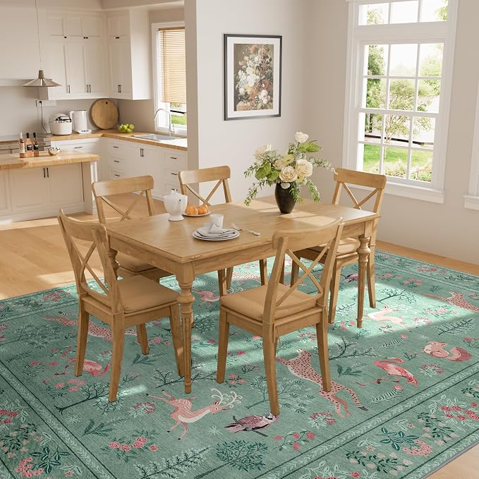 DUKINO 5x7 Rug, Washable Animal Living Room Rug with Non Slip Vintage Design, Soft Low Pile Large Carpet for Bedroom, Nursery, Dining Room, Farmhouse, Playroom, Teal