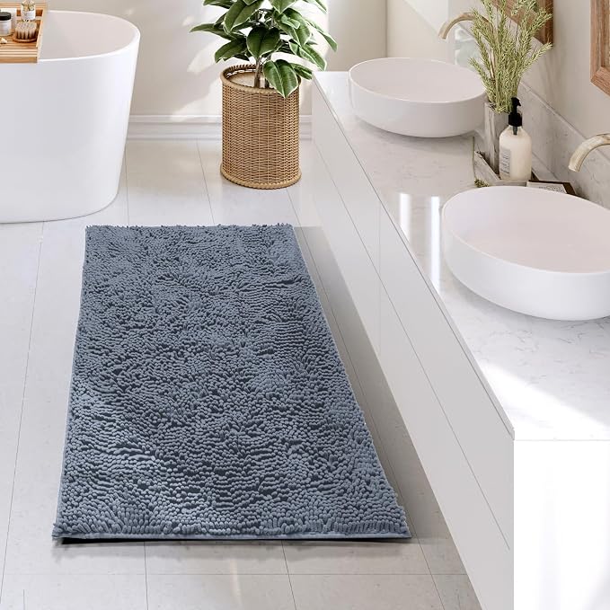 Hearth & Harbor Bathroom Rugs, Chenille Bath Mat - Machine Washable Bath Mats for Bathroom Non-Slip Backing Rubber, Quick Dry Bathroom Mat, 24 x 36 - Stone Blue