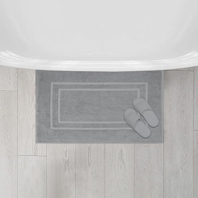 Feather & Stitch 2 Piece Towel Like Bath Mats (30x21 Inch) 100% Cotton Terry Bath Mats, Bathroom Shower Floor Mats [NOT A Bathroom Rug], Soft Absorbent Washable Mats - Dark Grey
