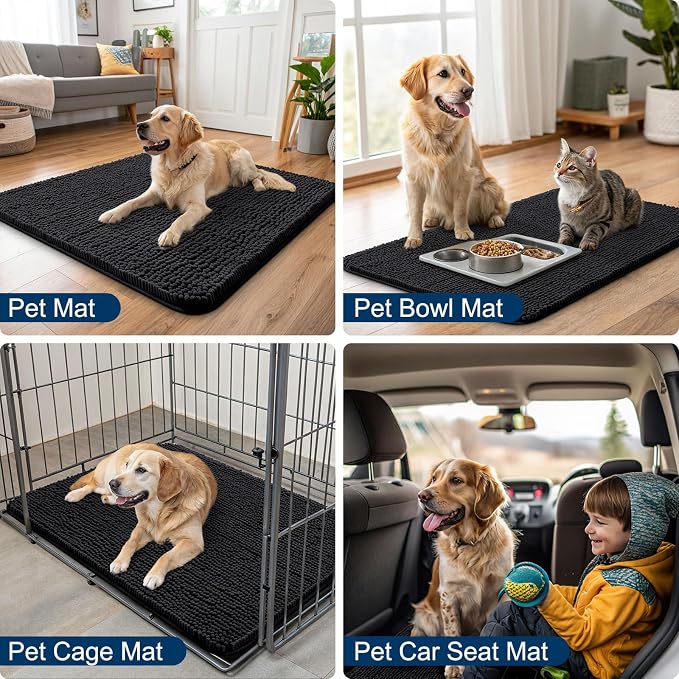 Smiry Dog Door Mat for Muddy Paws 70x24, Absorbent Dirt Trapper, Non-Slip Washable Chenille Entryway Rug for Inside Floor, Black, Classic Solid