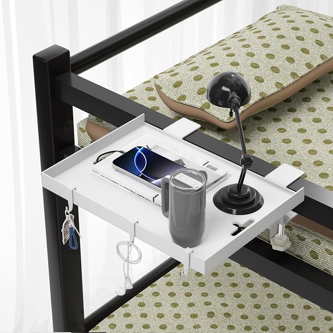 Foldable Bedside Shelf, Metal Clip-On Bed Tray Table for Bunk Bed & Dorm Beds, Dorm Room Essentials Organizer for College Students, Floating Tray, Space Saving Nightstand for Loft Beds (White, Small)
