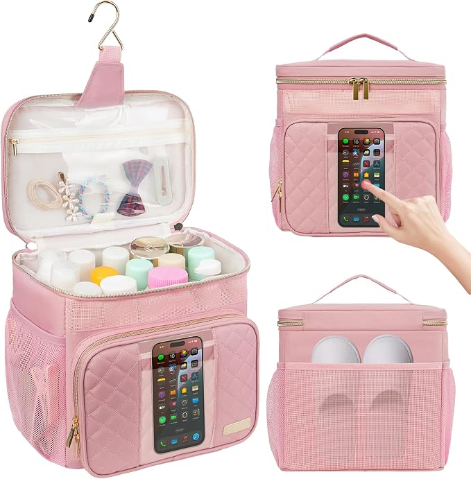 Portable Shower Caddy College Dorm Essentials (Full Size Bottle Compatible), Toiletry Bag for Women Men, Hanging Makeup Bag with Quickly Dry Mesh Base for Travel,Gym & Camping,Pink