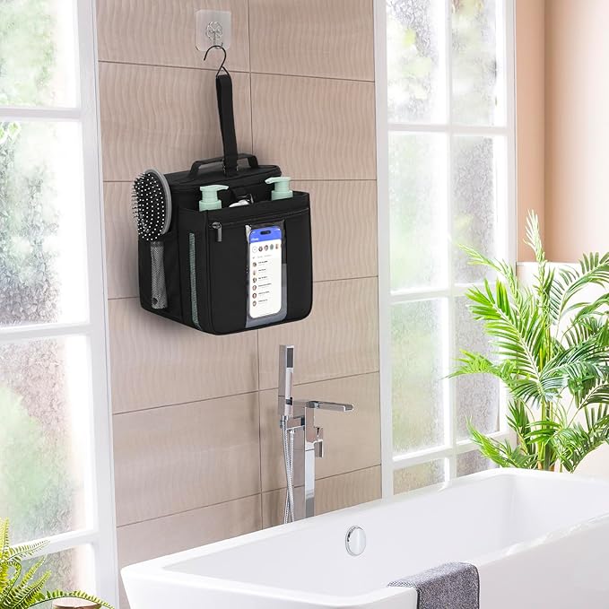 Shower Caddy Dorm Portable 2 Compartment Shower Bag Quick Dry,College Dorm Room Essentials for Guys Girls,Hanging Shower Organizer for Camping,Gym,Men,Women,Black