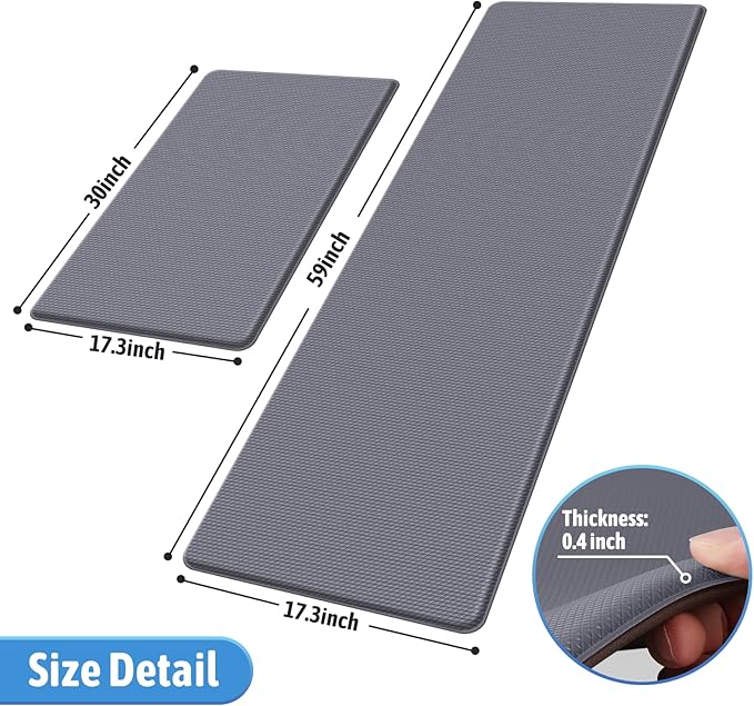 StepLively Kitchen Mat, 2 PCS Kitchen Rugs, Cushioned Kitchen Mats for Floor, Anti Fatigue Kitchen Rug Set, Non-Skid Standing Mat for Kitchen, Office, Sink, 17.3"×30"+17.3"×59", Grey
