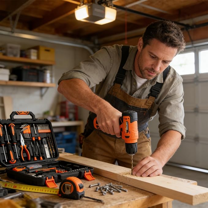 CARTMAN 150-Piece Household Tool Set with 8V Cordless Drill Driver Kit, Complete Hand Tool Set for Home Maintenance, DIY Projects, Orange