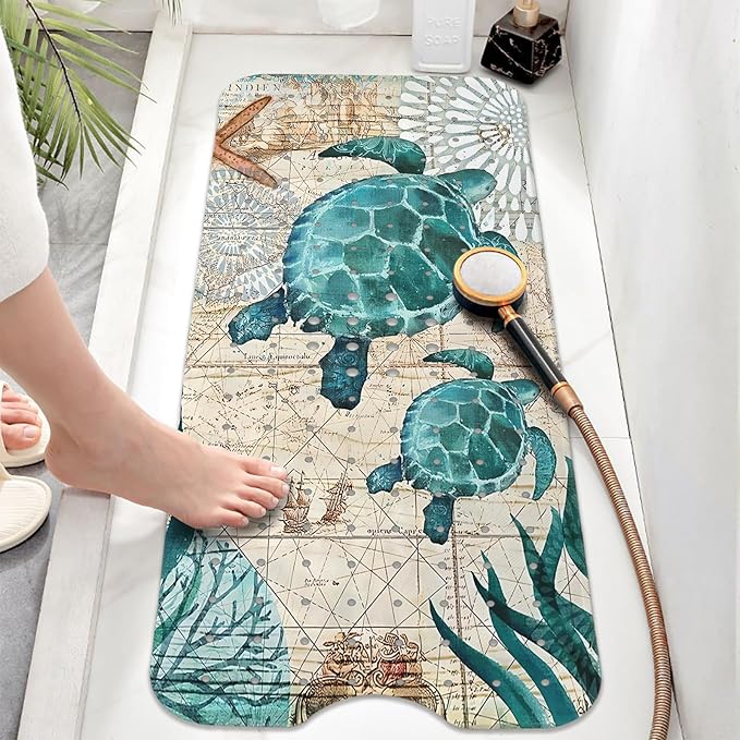 Sea Turtle Bathtub Mat Non Slip, Baby Bath Mat for Tub Rubber Tub Mat, Cute Kids Bath Mats for Bathroom Ocean Beach Anti Slip Shower Mat with Suction and Drain Holes Machine Washable, 40″X16″