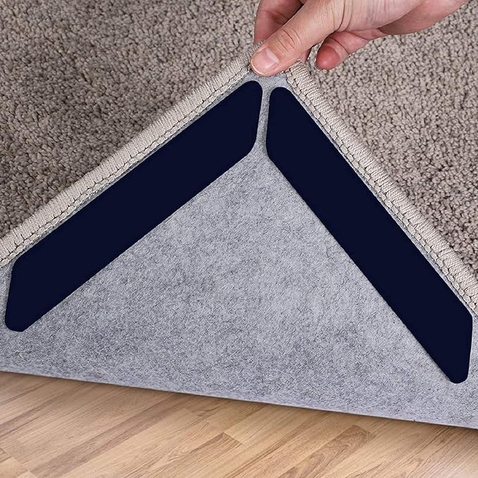 16 Pcs Rug Tape, Dual Sided Washable Removable Prevent Curling Rug Corner Holder, Keep Rug in Place Non Slip Adhesive Rug Stopper for Hardwood Floors and Tile