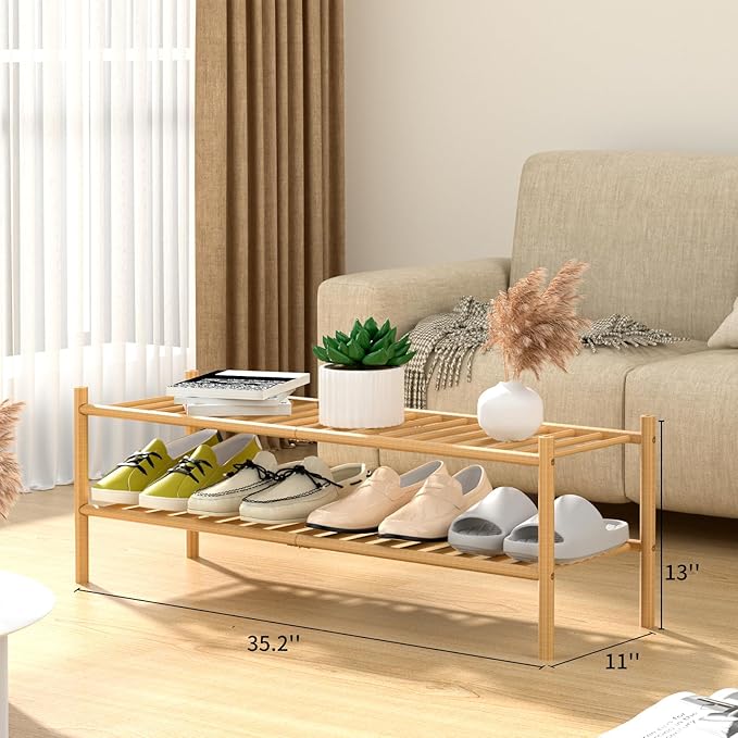 ROMGUAR CRAFT 2-Tier Bamboo Long Shoe Rack, Free Standing Wood Shoe Shelf Storage Organizer for Closet Entryway Stackable 35"x11"x13" (Natural)