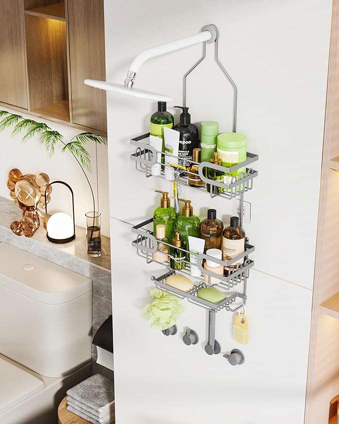 HapiRm Bathroom Hanging Shower Caddy - Rustproof Shower Shelf with 12 Hooks and 2 Soap Holders, No Drilling Bathroom Organizers and Storage - Silver