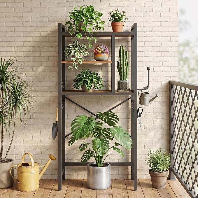 YATINEY Over The Toilet Storage Cabinet, 3-Tier Over The Toilet Storage Rack, Bathroom Organizer with Paper Holder 8 Hooks, Over The Toilet Shelf for Bathroom, Laundry, Rustic Brown and Black TR06BR