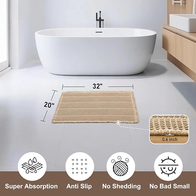 JIUZHEN Waffle Bath Mat Rug Super Absorbent Bath Mats for Bathroom Mat Non Slip Bathmat Machine Washable Soft Bathroom Rugs with Tassels Dry Fast Bath Rugs for Floor, 20" x 32", Strip-Brown