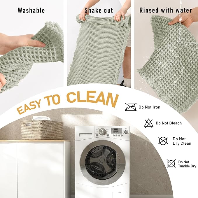 JIUZHEN Set of 2 Waffle Bath Mats Super Absorbent Boho Bath Rugs Non Slip Washable Bathroom Rugs Ultra Soft Machine Washable Shower Mats for Bathroom Floor, Tub, 16" x 24" +24" x 36", Sage Green