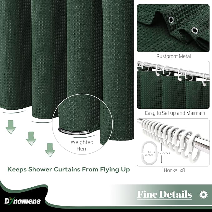 Dynamene Stall Fabric Shower Curtain - 48 inch Wide Waffle Weave Weighted Thick Cloth Shower Curtains for Bathroom, Neutral Heavy Duty Hotel Spa Luxury Bath Curtain Set with 8 Hook, 48x72, Dark Green
