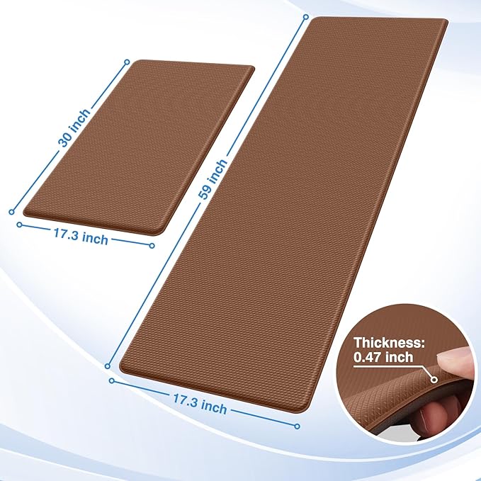 StepRite Kitchen Mats, 2PCS Kitchen Rugs, Cushioned Anti Fatigue Kitchen Mats for Floor, Non-Slip Standing Desk Mat, Waterproof Kitchen Rug Set for Floor, Office, 17.3"x30"+17.3"x59", Terracotta Brown