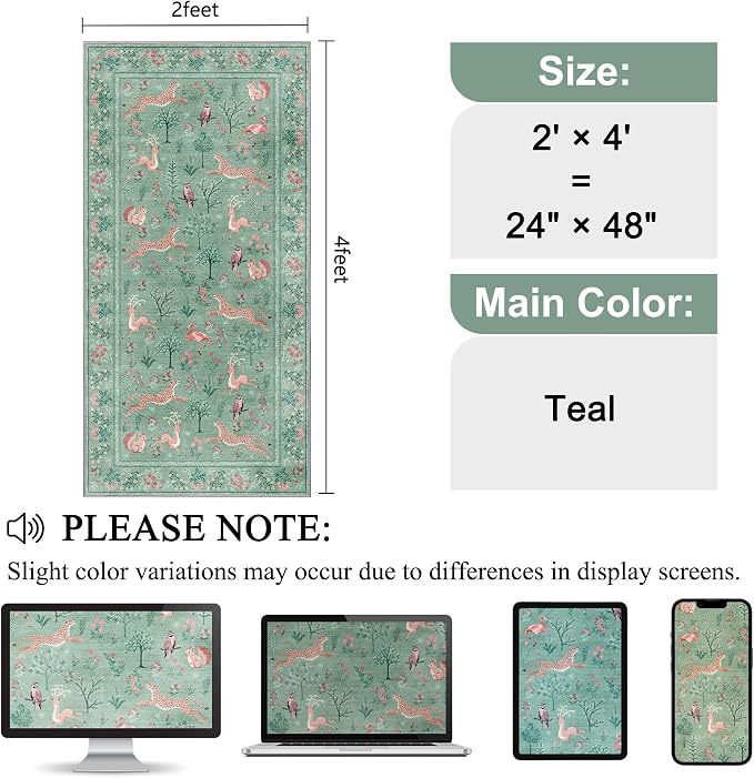 DUKINO 2x4 Rug for Hallway, Washable Kitchen Runner Rug with Non Slip Backing, Soft Low Pile Vintage Animal Runner for Bedroom, Kitchen, Hallway, Entryway, Laundry, Teal
