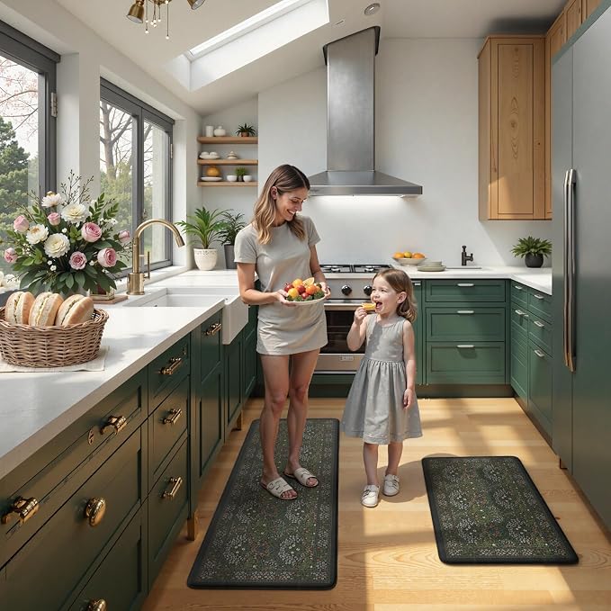 Collive Kitchen Mats for Floor, Cushioned Anti Fatigue Mat Dark Green Floral Rugs 2 Piece Non Skid Waterproof Sink Rug, Memory Foam Comfort Standing Mat for Office, Laundry, Desk