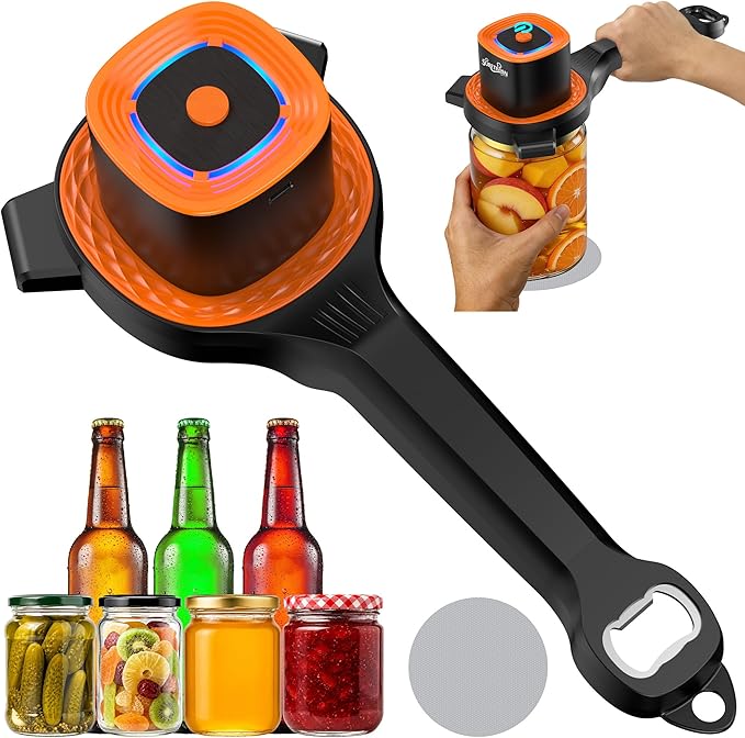 Electric Jar Opener for Seniors with Auto-Adjusting Gripper, Rechargeable Jar & Bottle Openers for Weak Hands & Arthritis, Easy Twist Off Lid Opener with Rubber Gripper Pad, Fits 1"-3.5" Lids(Orange)