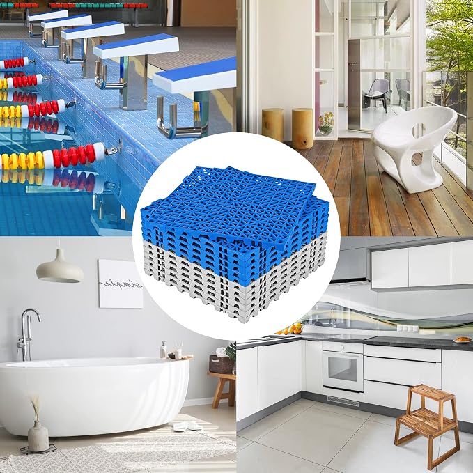 ToLanbbt Modular Interlocking Cushion 12P 11.8" x 11.8" Interlocking Rubber Floor Drain Holes Non-Slip Splicing Drainage Mats for Deck, Shower, Kitchen, Drain Pool, Indoor Outdoor (Grey Blue)