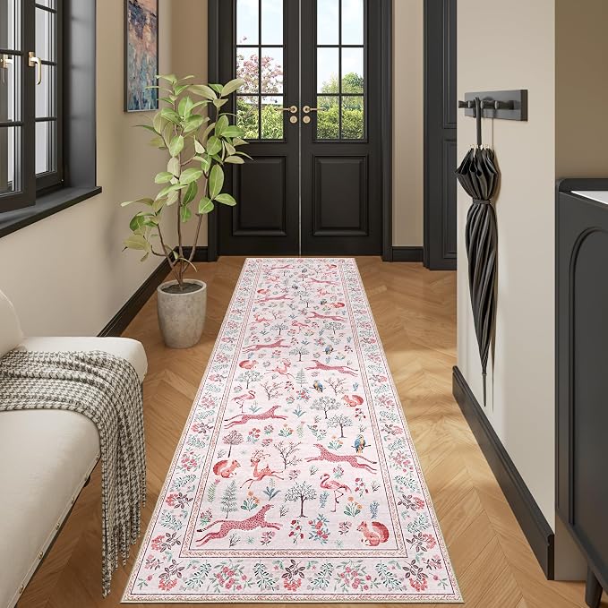 DUKINO 2x10 Rug for Hallway, Washable Kitchen Runner Rug with Non Slip Backing, Soft Low Pile Vintage Animal Runner for Bedroom, Kitchen, Hallway, Entryway, Laundry, Pink