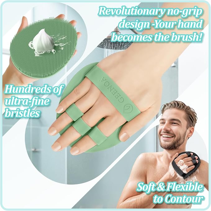 Silicone Back Scrubber & Bath Glove Set 2PCS, 13.4'' Gentle Shower Back Scrubber with Dual-Side Head Non-Slip Handle, 360° Anti-Slip Hand-fit Bath Glove for Rich Foaming Deep Cleaning(Green)