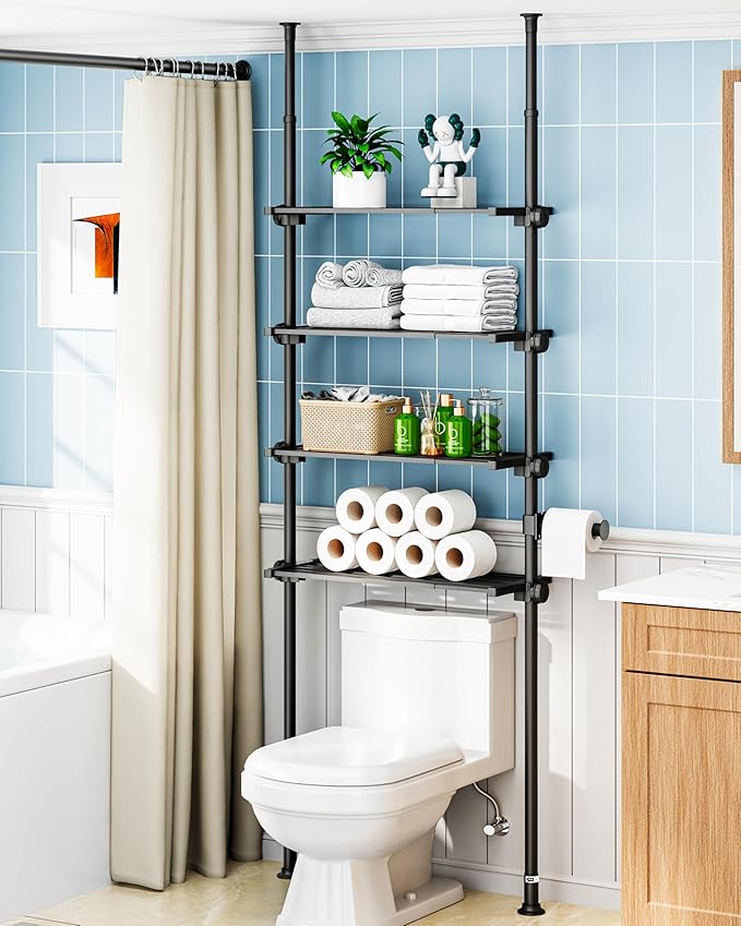 ALLZONE Adjustable Over The Toilet Storage Shelf, 4-Tier Ample Bathroom Organizer and Storage, Tension Mounted Above Toilet Storages Cabinet for Versatility, Fits 66-113 Inch Heights, Matte Black