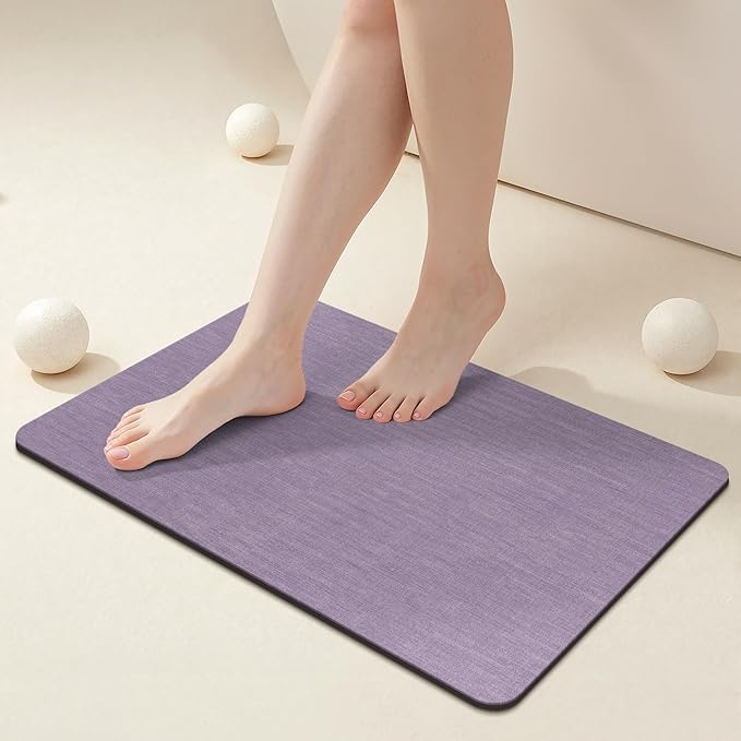 Mecko Bath Mat, Ultra Absorbent Quick Dry Bathroom Floor Mats-Rubber Non-Slip Thin Bathroom Rug Fit Under Door, Faux Suede Surface Shower Rug for Bathtub, Sink, Shower Room(Lavender Purple,16"x24")