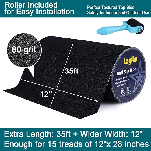 Anti Slip Traction Tape with Roller, 12 Inch x 35 Ft Non Slip Grip Tape for Skateboard, Waterproof Anti Skid Grit Roll for Stair Step Outdoor/Indoor, High Traction Non Skid Abrasive Stair Tread