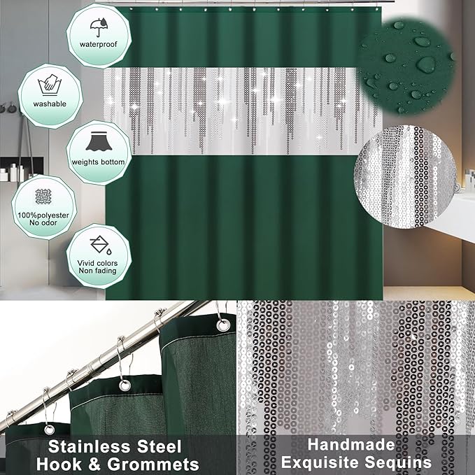 XLHOMO Dark Green Bathroom Sets with Shower Curtain and Rugs,Bathroom Sets Shower Curtain Set with Extra Soft and Absorbent Bathroom Rugs Green Bathroom Accessories