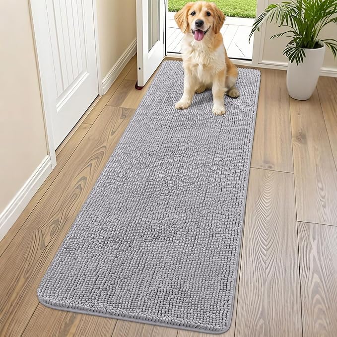 Smiry Dog Door Mat for Muddy Paws 70x24, Absorbent Dirt Trapper, Non-Slip Washable Chenille Entryway Rug for Inside Floor, Light Grey, Classic Solid