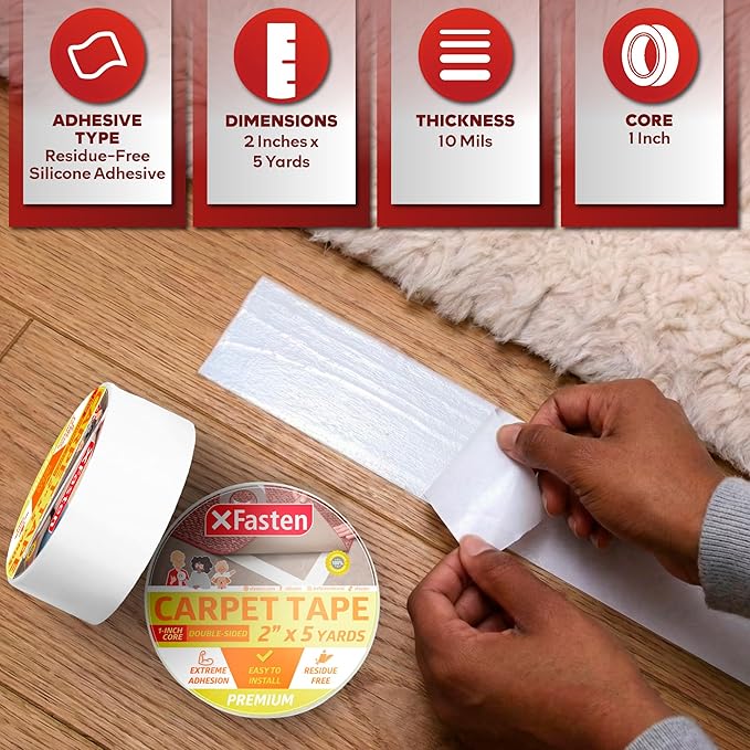 XFasten Double Sided Carpet Tape - Heavy Duty 2” x 5 yds, 1” Core Carpet Tape for Area Rugs Over Carpet, Keep Rug in Place, Double Sided Rug Tape Hardwood Floor, Laminate, Tile