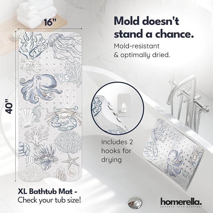 Bathtub Mat Non Slip Anti Mold for Kids 40x16 - homerella® Bath Mat for Tub, BPA Free, Incl. 2 Hooks, Washable Shower Mat Non Slip Anti Mold, Shower Mats for Inside Shower, EU Certified