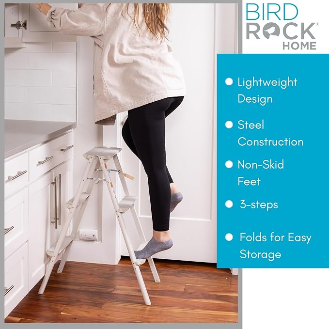 BIRDROCK HOME 3 Step Compact Steel Step Ladder - Sturdy Thin Folding Stool - Anti-Slip Steps - Great for Your Kitchen, Pantry, Closets, or Home Office - Indoor Stool - Silver