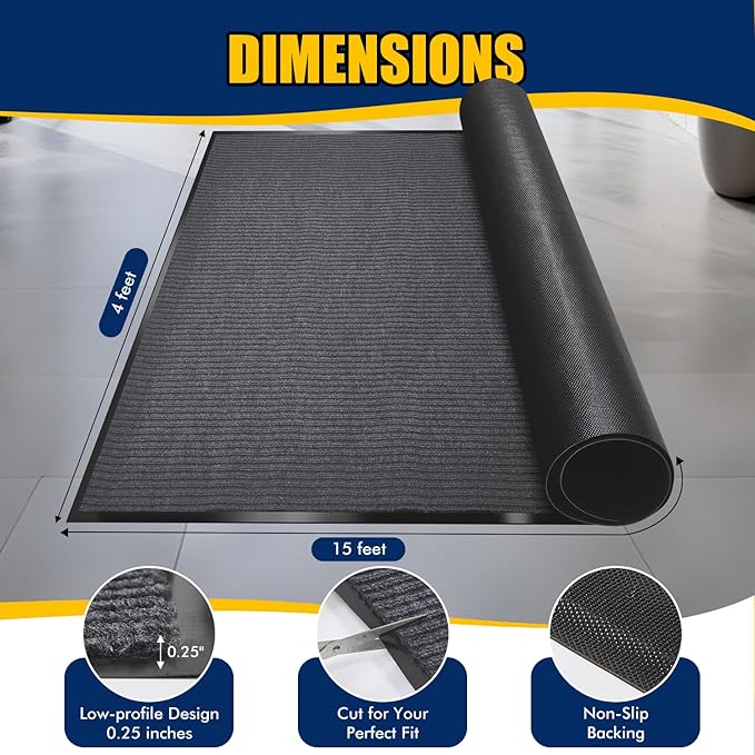 Extra Large Indoor/Outdoor Entrance Mat - 4 x 15 Feet, Rubber Border Door Mat Heavy Duty, Waterproof, Low-Profile, Easy to Clean, Rubber Entry Mat, Commercial Floor Mat, Charcoal Grey