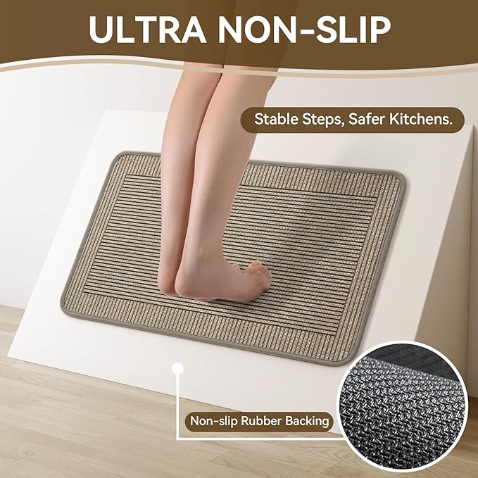 Kitchen Mats for Floor, 17''x30''+17''x59''Kitchen Rugs Set of 2, Washable Non Slip Absorbent Kitchen Mat, Braided Kitchen Runner Rug, Kitchen Sink Rug, Brown