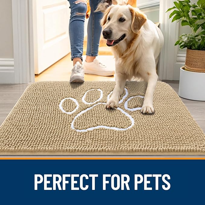 OLANLY Dog Door Mat for Muddy Paws 32x20, Paw Print Design, Absorbs Moisture and Dirt, Absorbent Non-Slip Washable Doormat, Quick Dry Chenille Mud Mat for Dogs, Entry Indoor Entryway Carpet, Beige