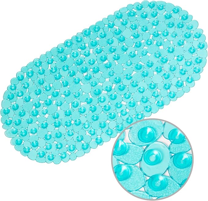 WELTRXE Pebbles Bath Mat Oval Non-Slip Bathtub Mat with Suction Cups, Drain Holes for Bathroom Showers, Tub, Machine Washable, BPA, Latex Free Safe Shower Mats, 27 x 14 Inch, Teal