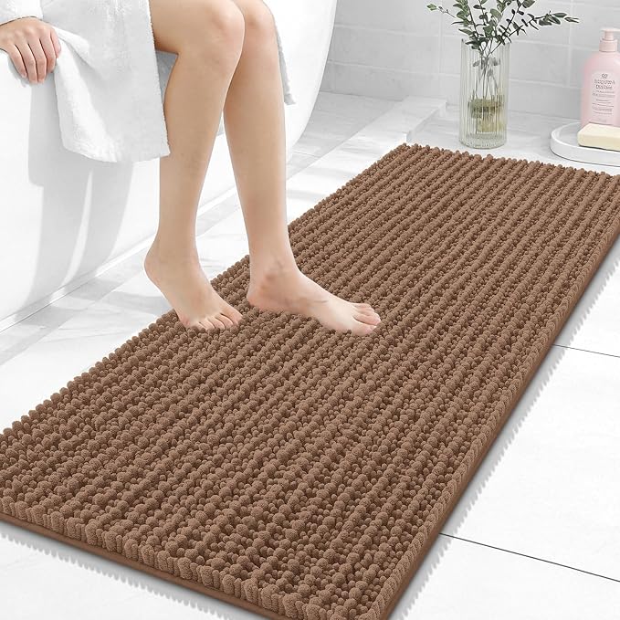 OLANLY Long Bathroom Rugs Runner 47x20, Thick Soft and Absorbent Chenille Bath Mat, Non-Slip, Machine Washable Quick Dry Bath Rugs for Tub Shower Floor, Home Decor Accessories, Mocha