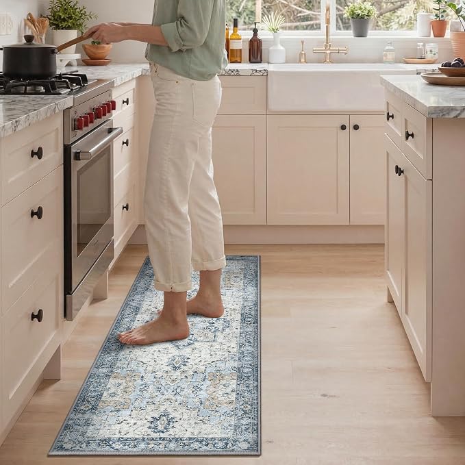 GENIMO Kitchen Rugs Non Slip Washable, 2PCS Kitchen Mats for Floor, Cushioned Standing Mat, Kitchen Runner Rug Floor Mat for Kitchen Decor, Laundry, Sink, Entryway, Home, 20"x32"+20"x48", Blue