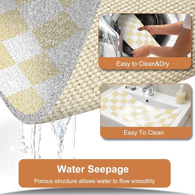Square Loofah Shower Stall Mat 24"x24", Quick Drying Shower Mats with Drain, PVC Loofah Bath Mat for Wet Room & Bathroom Floor, Soft Textured & Elderly Safe, Washable & Resistant, Beige Checkered