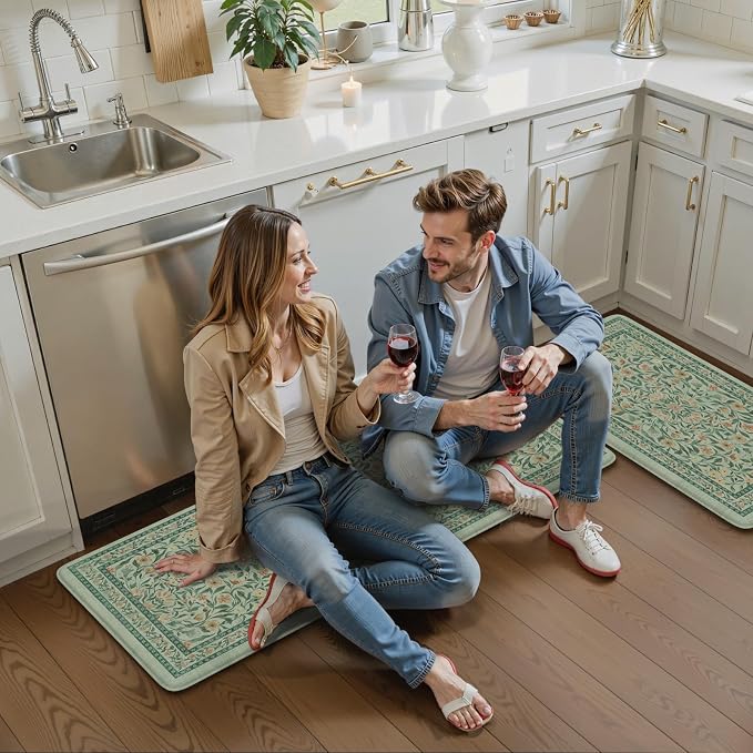 KIMODE Anti Fatigue Mats for Kitchen Floor, 17.3"x29"+17.3"x47" Farmhouse Kitchen Rugs Sets of 2, Cushioned Kitchen Mats for Floor Non Slip, Padded Standing Desk Mat for Sink Laundry Desk Green