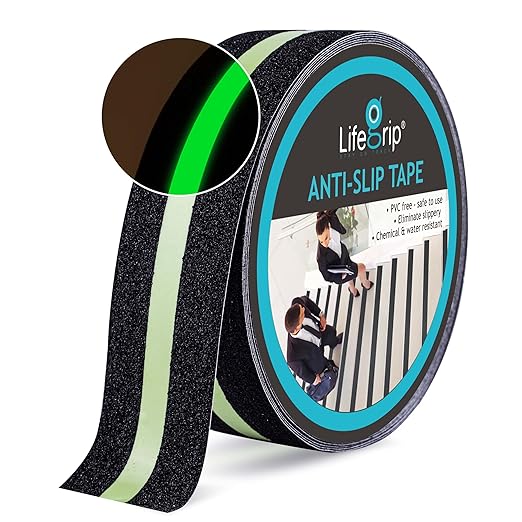 LifeGrip Anti Slip Traction Tape with Glow in Dark Green Stripe, 2 Inch x 38 Feet - Best Grip, Friction, Abrasive Adhesive for Stairs, Tread Step, Indoor and Outdoor, Black (2 inch X 38 feet)