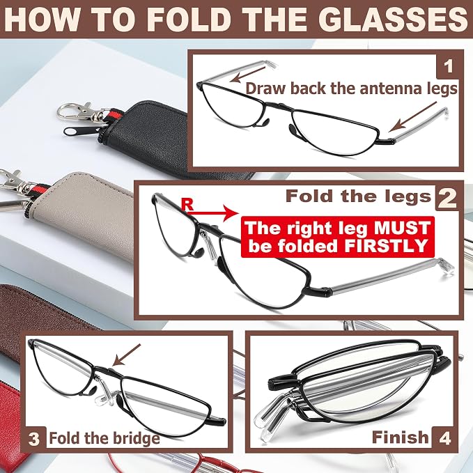 touk Foldable Reading Glasses Anti Blue Light, Soft Nose Pad Spring Hinge Compact Readers Portable Case for Men Women 2 Pack