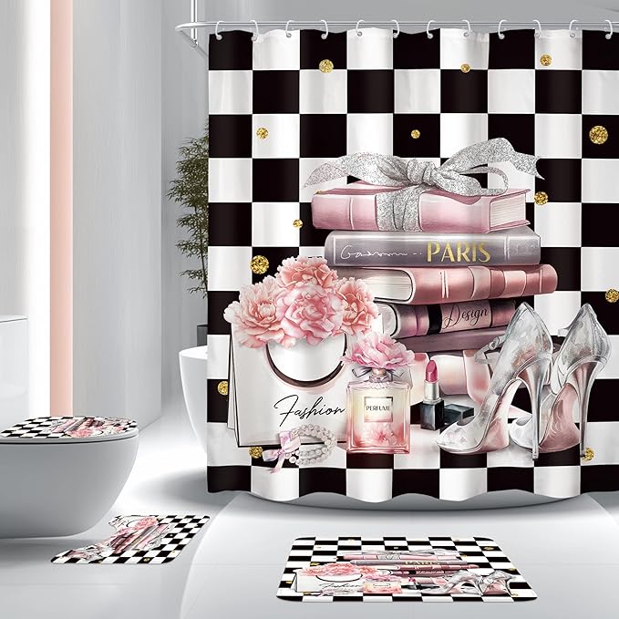 4Pcs Black white Checkered Plaid Shower Curtain Set, Pink Fashion Flower Perfume High Heels Books Bathroom Curtain with Rug, Toilet Lid Cover, Bath Mat, Women Girl Shower Curtain with 12 Hooks